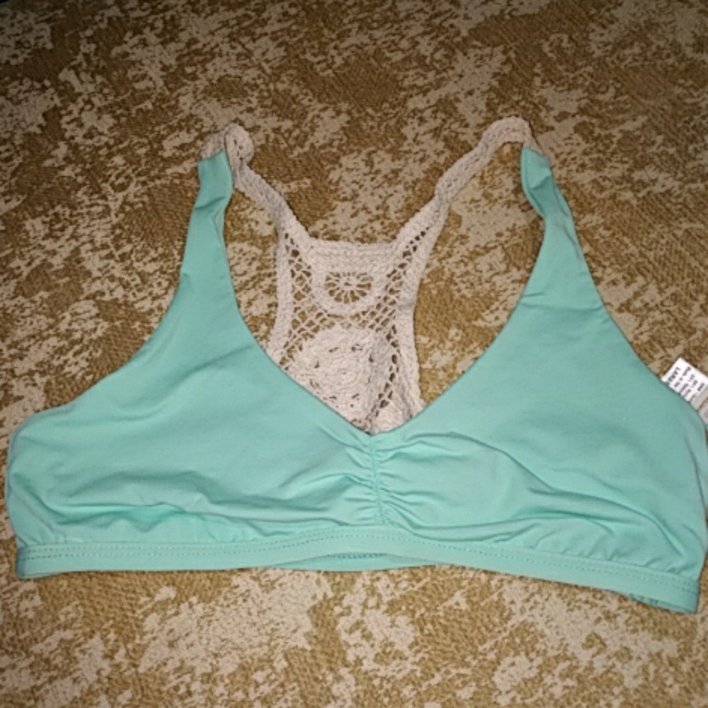 L Space Mint Green and Ivory Crochet Bikini Top L